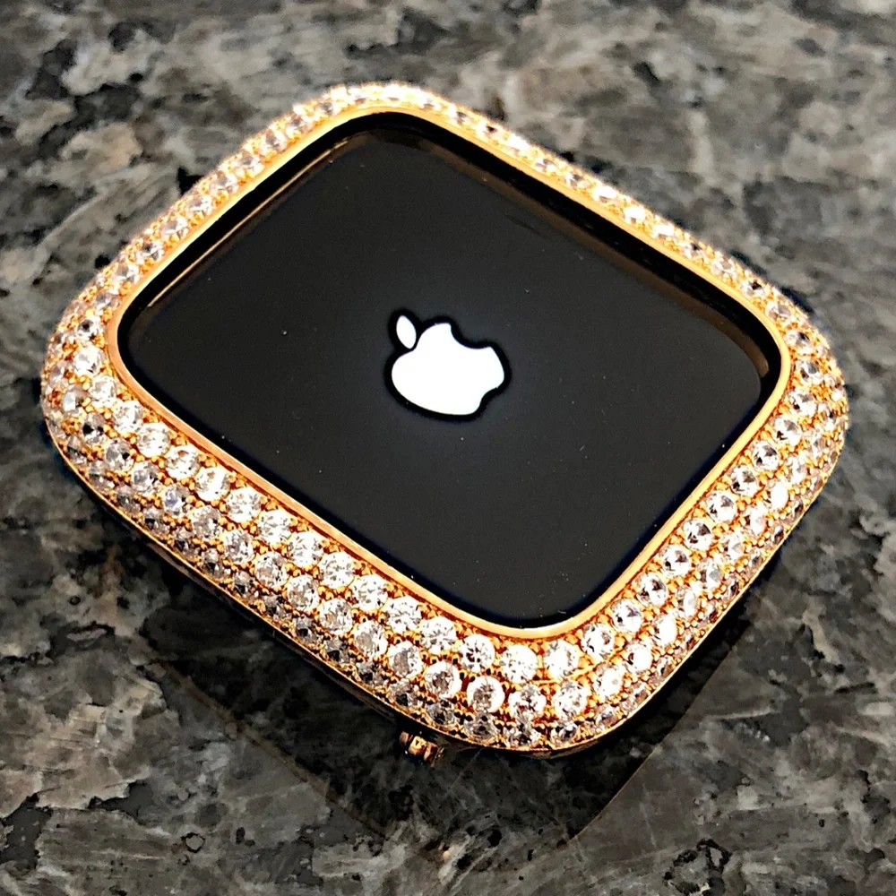 2 pc Apple Watch set yellow gold lab diamond case and crystal band classy bling